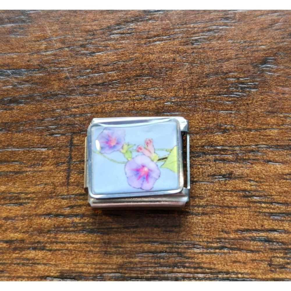 Purple Morning Glory Flower Italian Charm Stainless Steel 9mm Bracelet Link